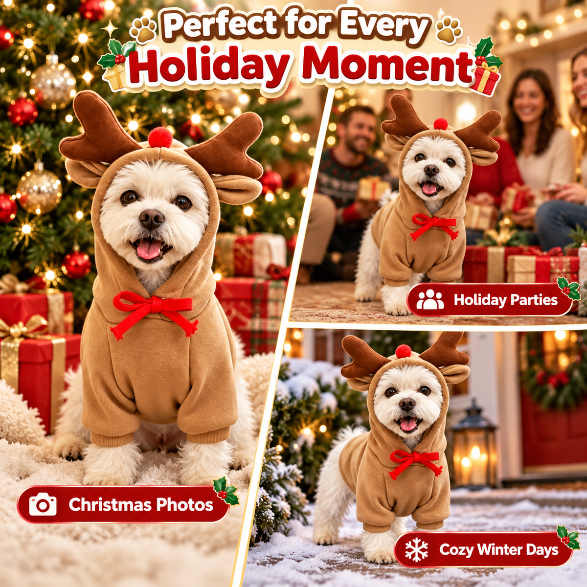 Christmas Reindeer Dog Hoodie – Cute Antler Hood with Red Nose & Bow for Small to Medium Dogs