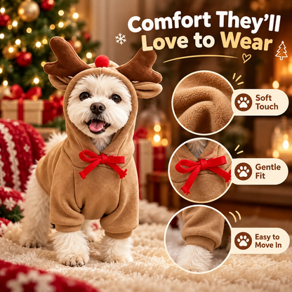 Christmas Reindeer Dog Hoodie – Cute Antler Hood with Red Nose & Bow for Small to Medium Dogs