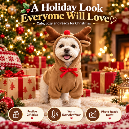 Christmas Reindeer Dog Hoodie – Cute Antler Hood with Red Nose & Bow for Small to Medium Dogs