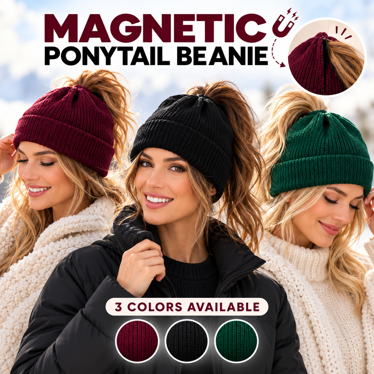 🔥Last Day 50% OFF – 🔥2-in-1-ponytail-beanie-hat-hidden – Hidden Magnetic Closure, No-Zip Winter Knit Hat ❄️