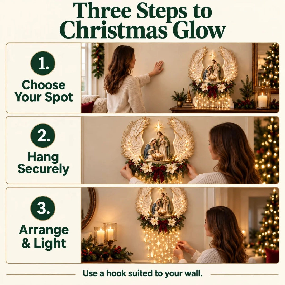 Angel’s Embrace Nativity Wall Light – Lighted Angel Wings Christmas Wall Decor