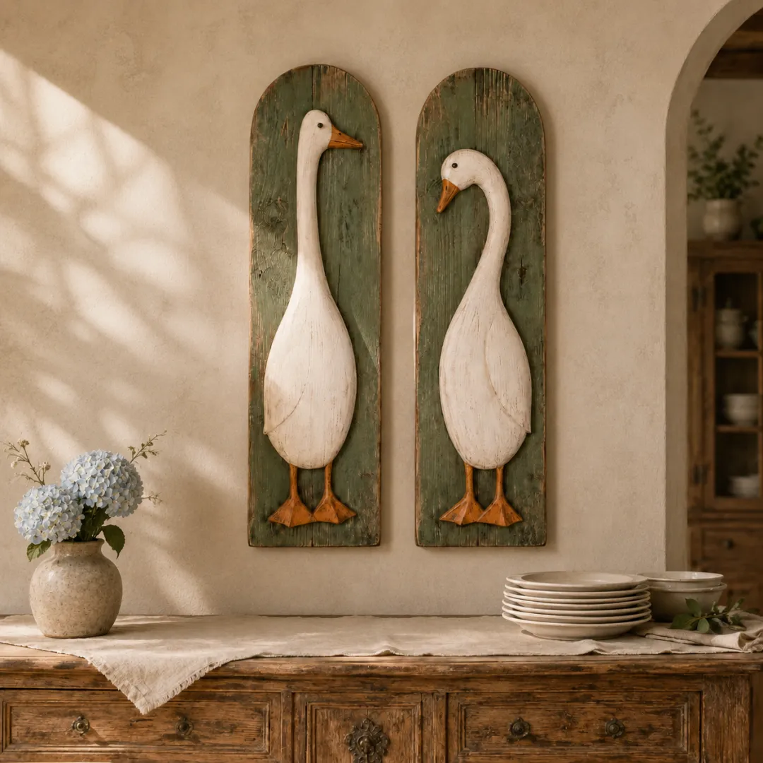 🪿 Set of 2 Handcrafted Rustic Goose Wall Art – Vintage Farmhouse Charm