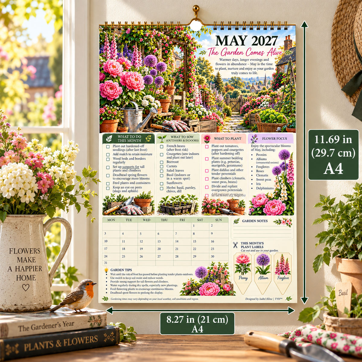 2027 Four Seasons Gardening Calendar & Monthly Planner – A4 Wall Calendar with Planting Guide, Garden Tasks & Plant Labels | TYII™