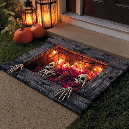 💀 3D Grave Illusion Halloween Doormat 🎃 | Non-Slip Skull & Skeleton Entryway Rug for Indoor & Covered Outdoor Decor