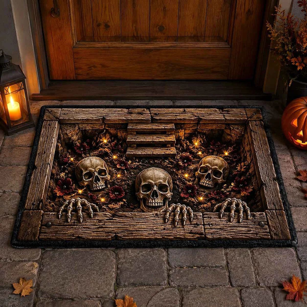 💀 3D Grave Illusion Halloween Doormat 🎃 | Non-Slip Skull & Skeleton Entryway Rug for Indoor & Covered Outdoor Decor