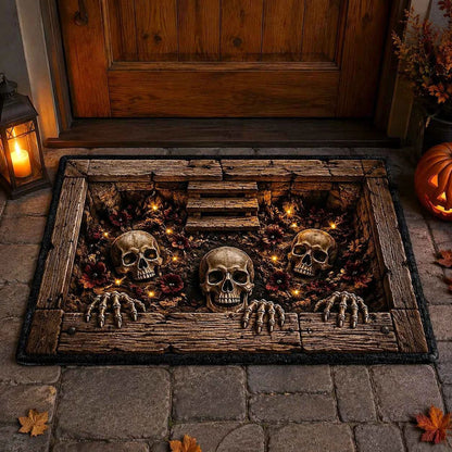 💀 3D Grave Illusion Halloween Doormat 🎃 | Non-Slip Skull & Skeleton Entryway Rug for Indoor & Covered Outdoor Decor