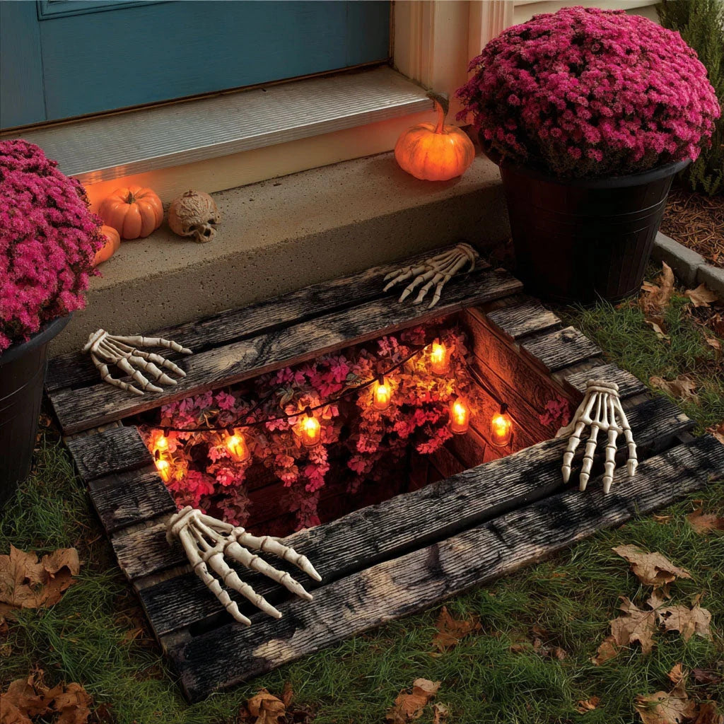 💀 3D Grave Illusion Halloween Doormat 🎃 | Non-Slip Skull & Skeleton Entryway Rug for Indoor & Covered Outdoor Decor