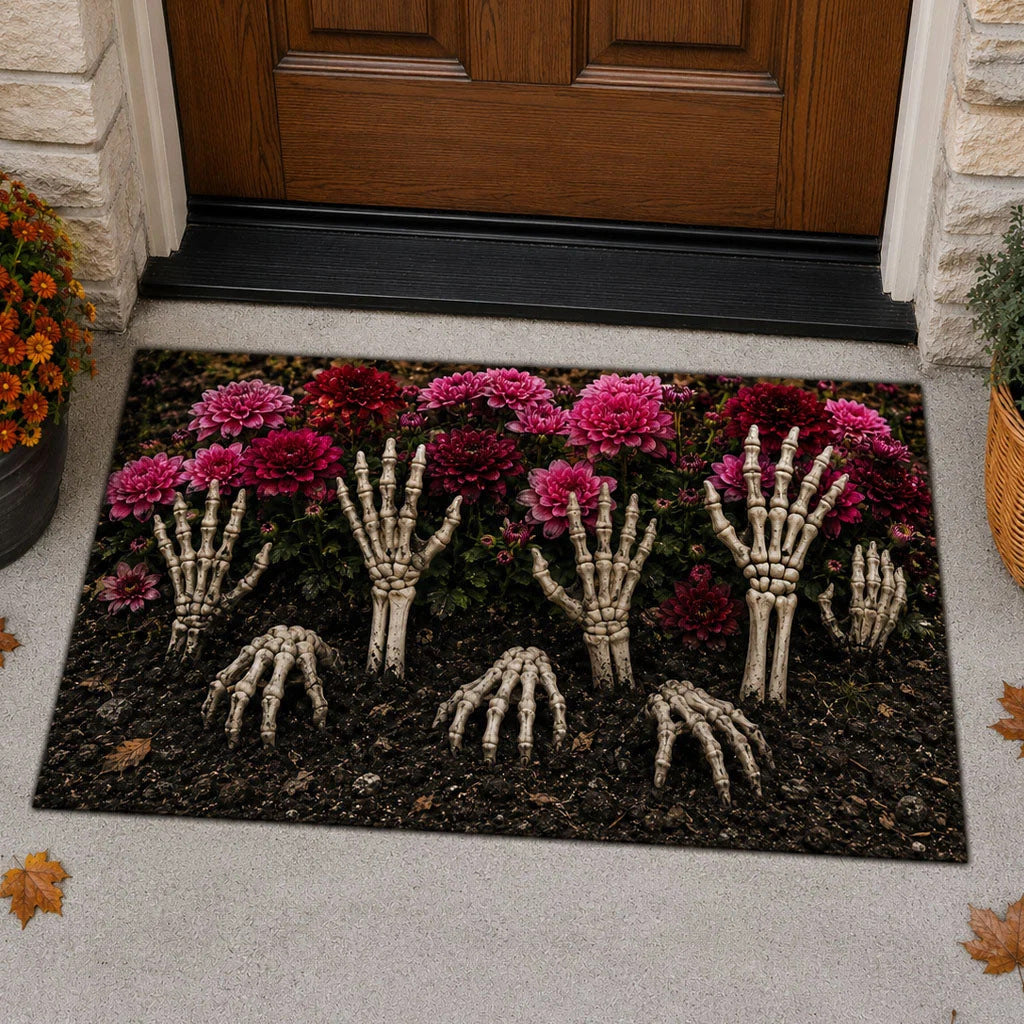 💀 3D Grave Illusion Halloween Doormat 🎃 | Non-Slip Skull & Skeleton Entryway Rug for Indoor & Covered Outdoor Decor