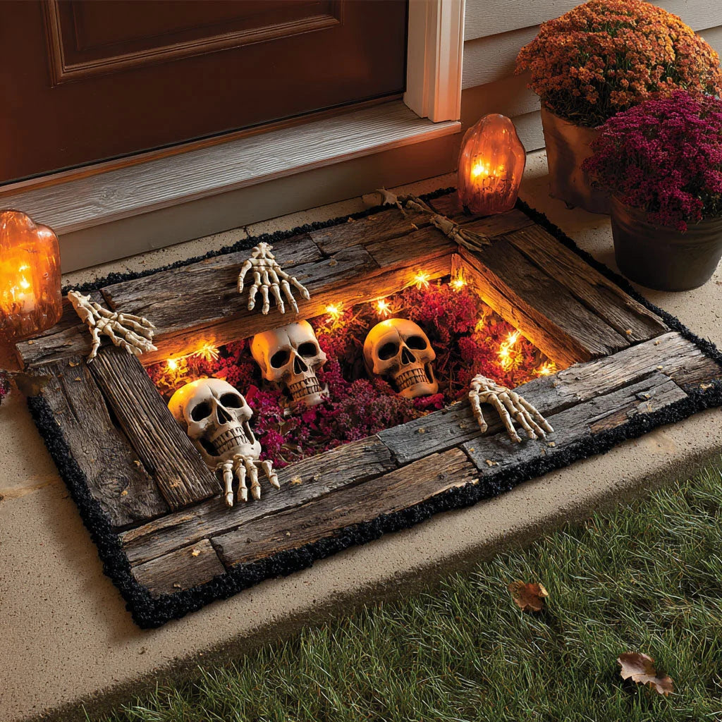 💀 3D Grave Illusion Halloween Doormat 🎃 | Non-Slip Skull & Skeleton Entryway Rug for Indoor & Covered Outdoor Decor