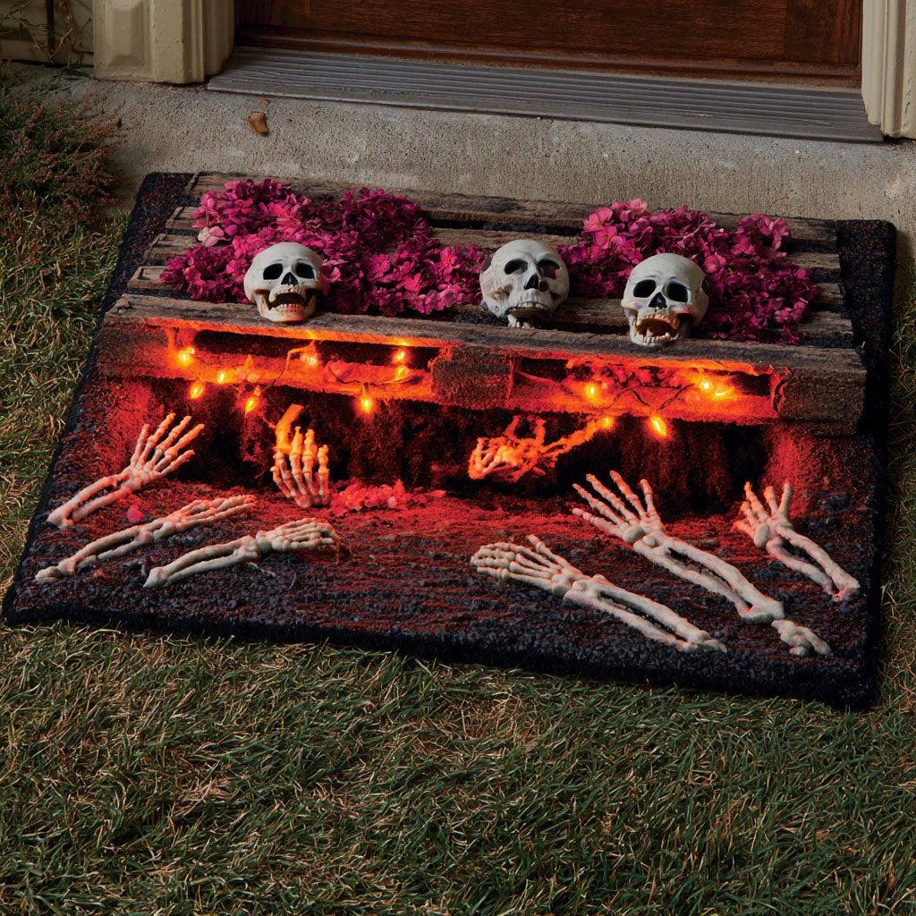 💀 3D Grave Illusion Halloween Doormat 🎃 | Non-Slip Skull & Skeleton Entryway Rug for Indoor & Covered Outdoor Decor
