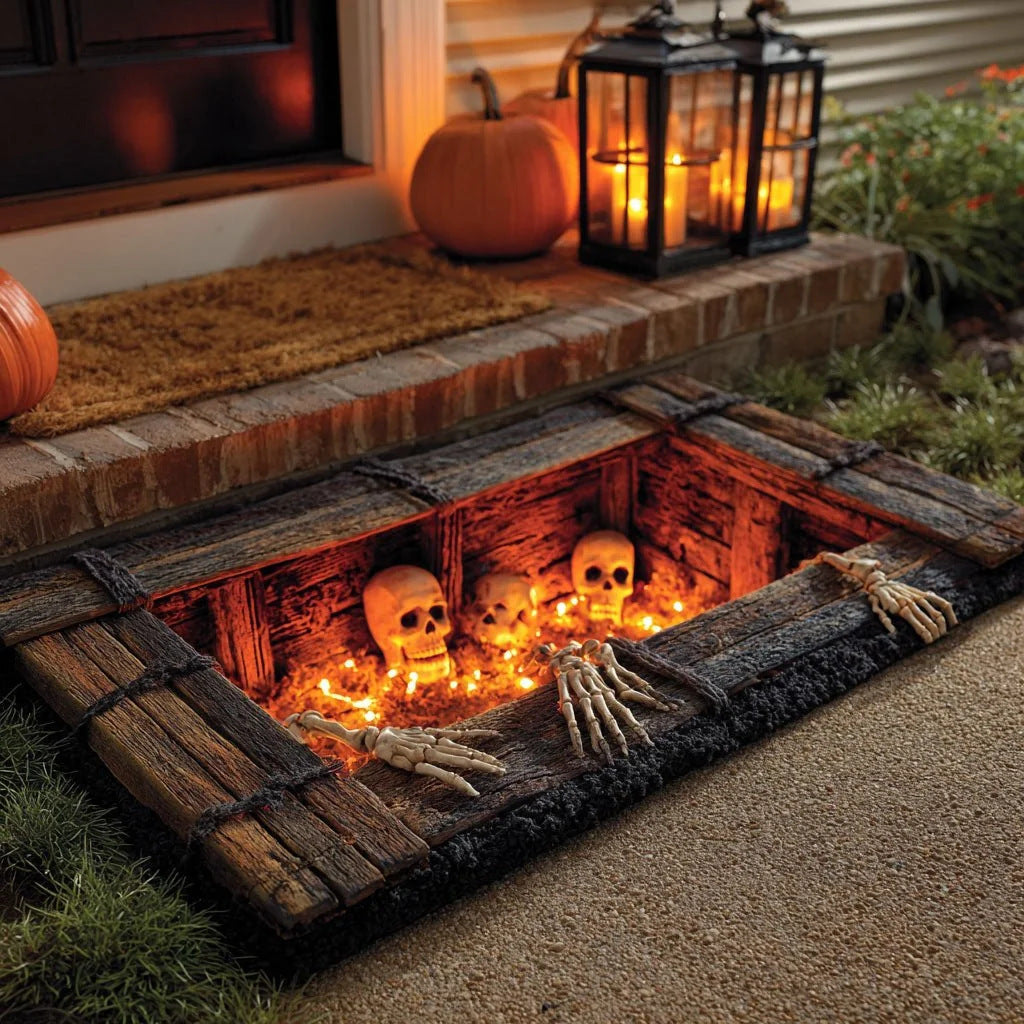 💀 3D Grave Illusion Halloween Doormat 🎃 | Non-Slip Skull & Skeleton Entryway Rug for Indoor & Covered Outdoor Decor