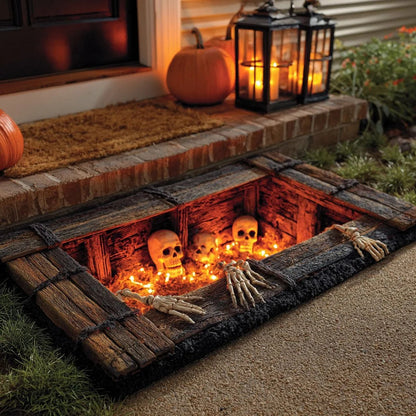 💀 3D Grave Illusion Halloween Doormat 🎃 | Non-Slip Skull & Skeleton Entryway Rug for Indoor & Covered Outdoor Decor