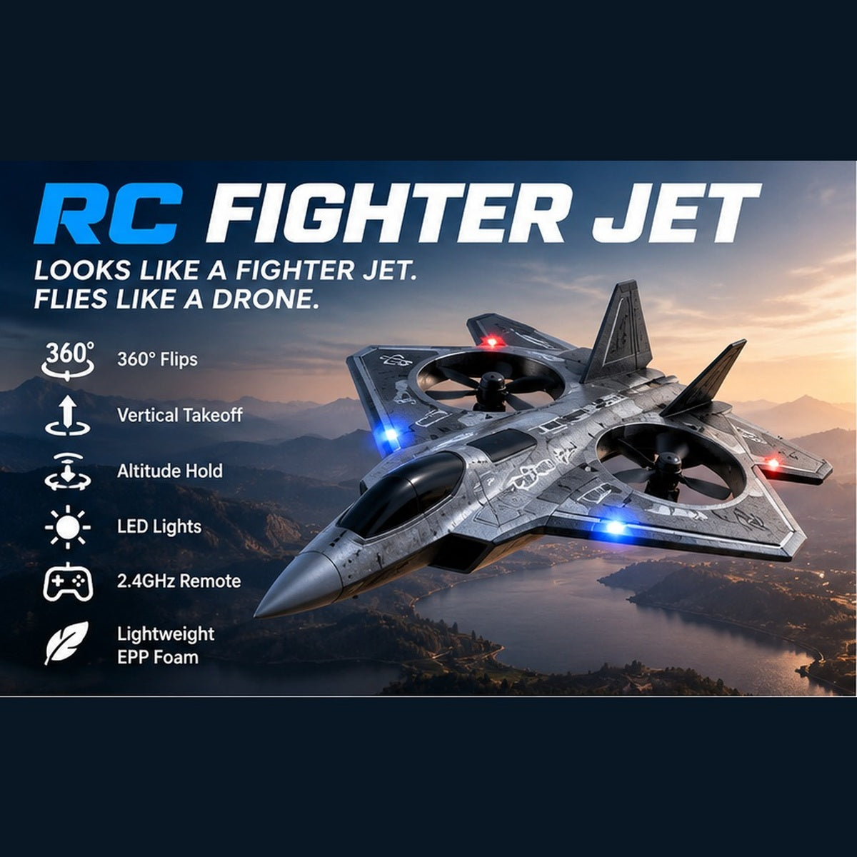 Remote-Control Fighter Jet, 360-Degree Flip Fighter Jet, LED Smart Takeoff Take off vertically, hover in place