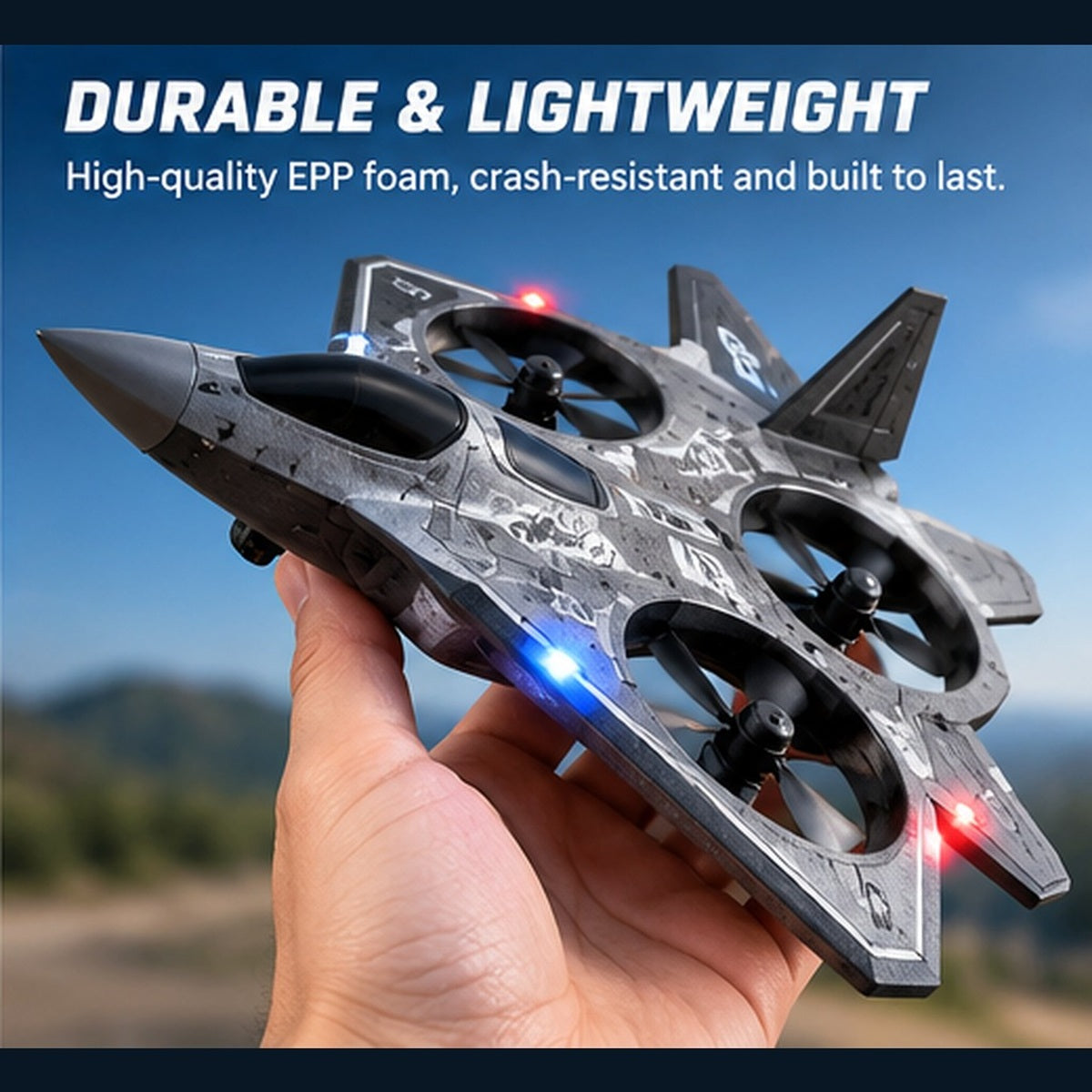 Remote-Control Fighter Jet, 360-Degree Flip Fighter Jet, LED Smart Takeoff Take off vertically, hover in place