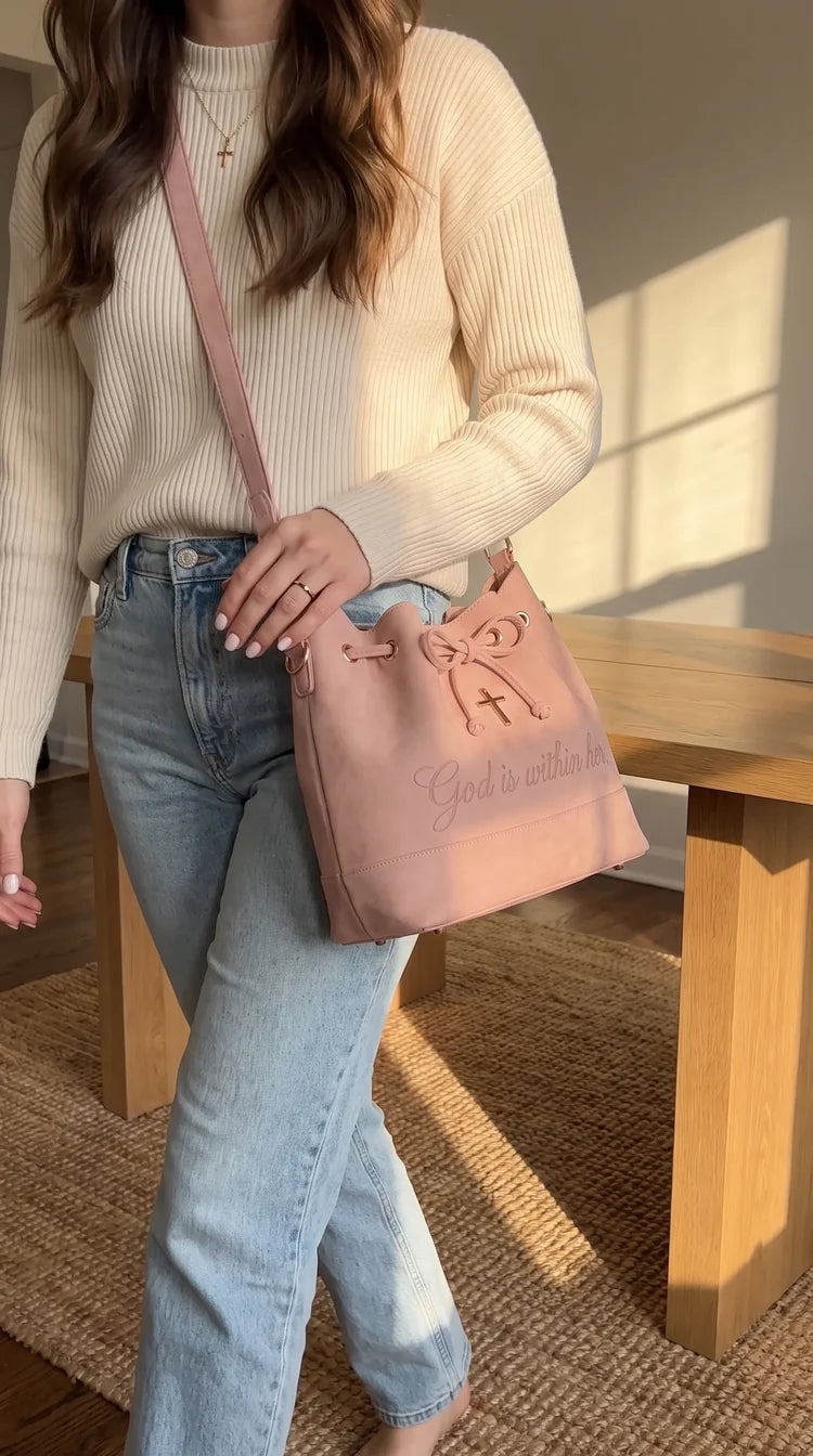 Psalm 46 Faith Suede Bucket Bag – Bible & 14-Inch Laptop Tote with Hidden Verses, Cross Charm & Organizer Pockets
