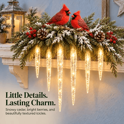 ✨Cardinal Winter Glow — Lighted Snowy Cedar & Icicle Christmas Decor