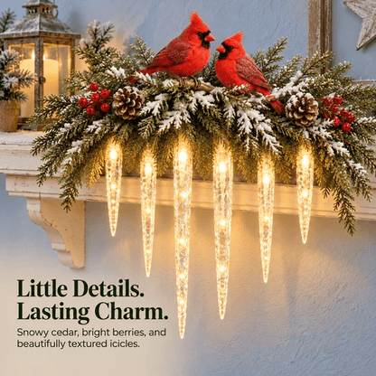 ✨Cardinal Winter Glow — Lighted Snowy Cedar & Icicle Christmas Decor