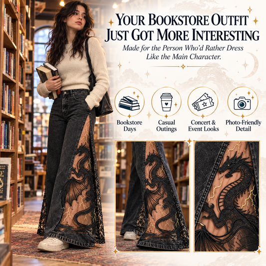 Women’s Fantasy Dragon Wide-Leg Jeans – Sheer Side Panel Statement Denim