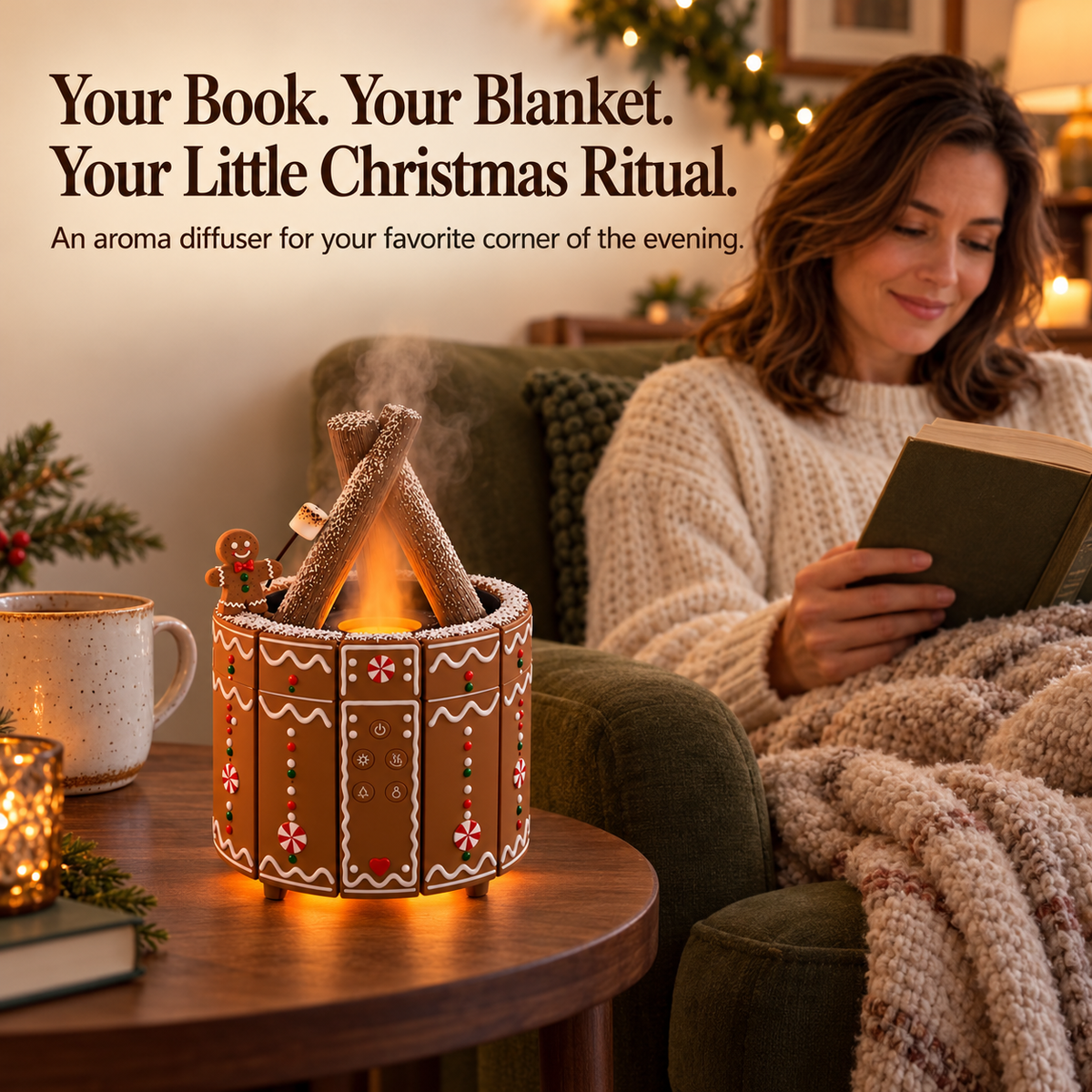 🎄 Gingerbread Campfire Aroma Diffuser – Cozy Flame Effect & Christmas Charm