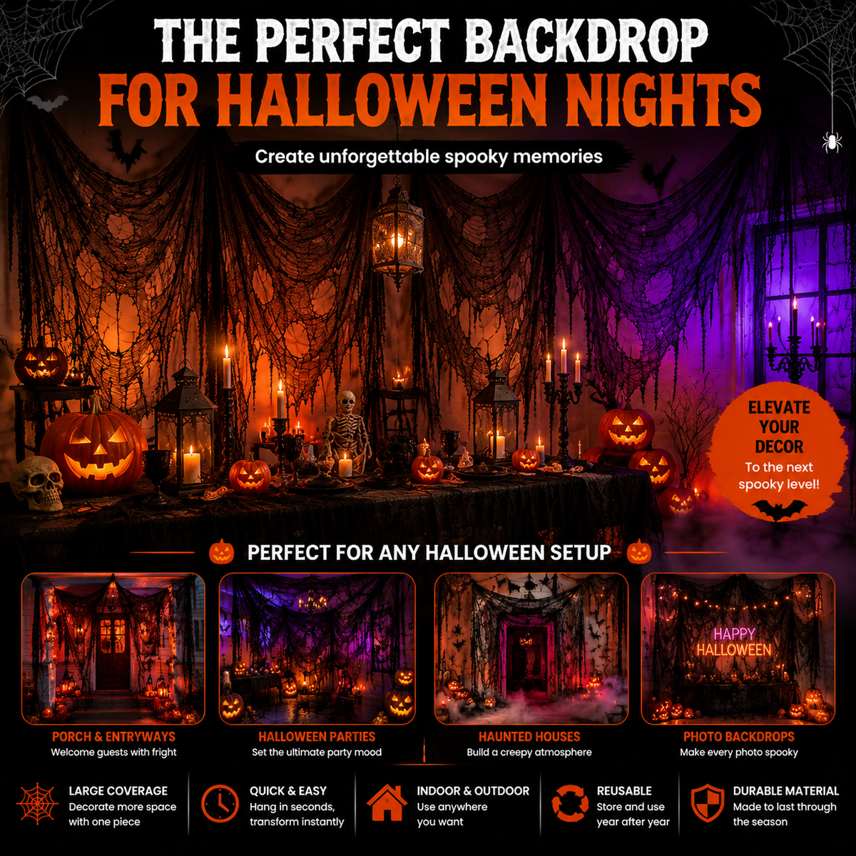 🕸️ Halloween Haunted House Web Cloth | Large Black Tattered Hanging Decoration for Spooky Party & Home Makeover