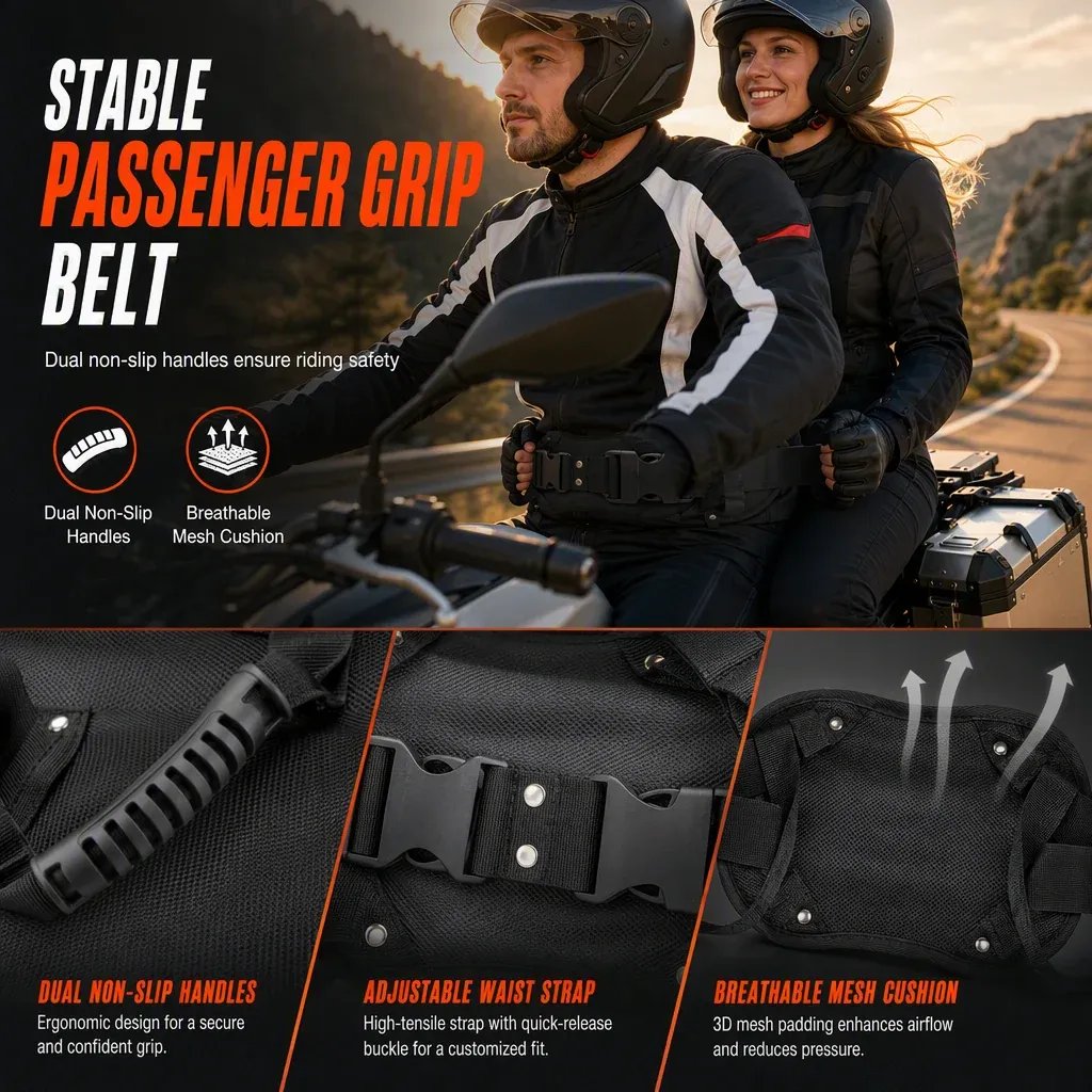 Motorcycle passenger grab belt shown during a scenic motorcycle ride, with handle and strap details