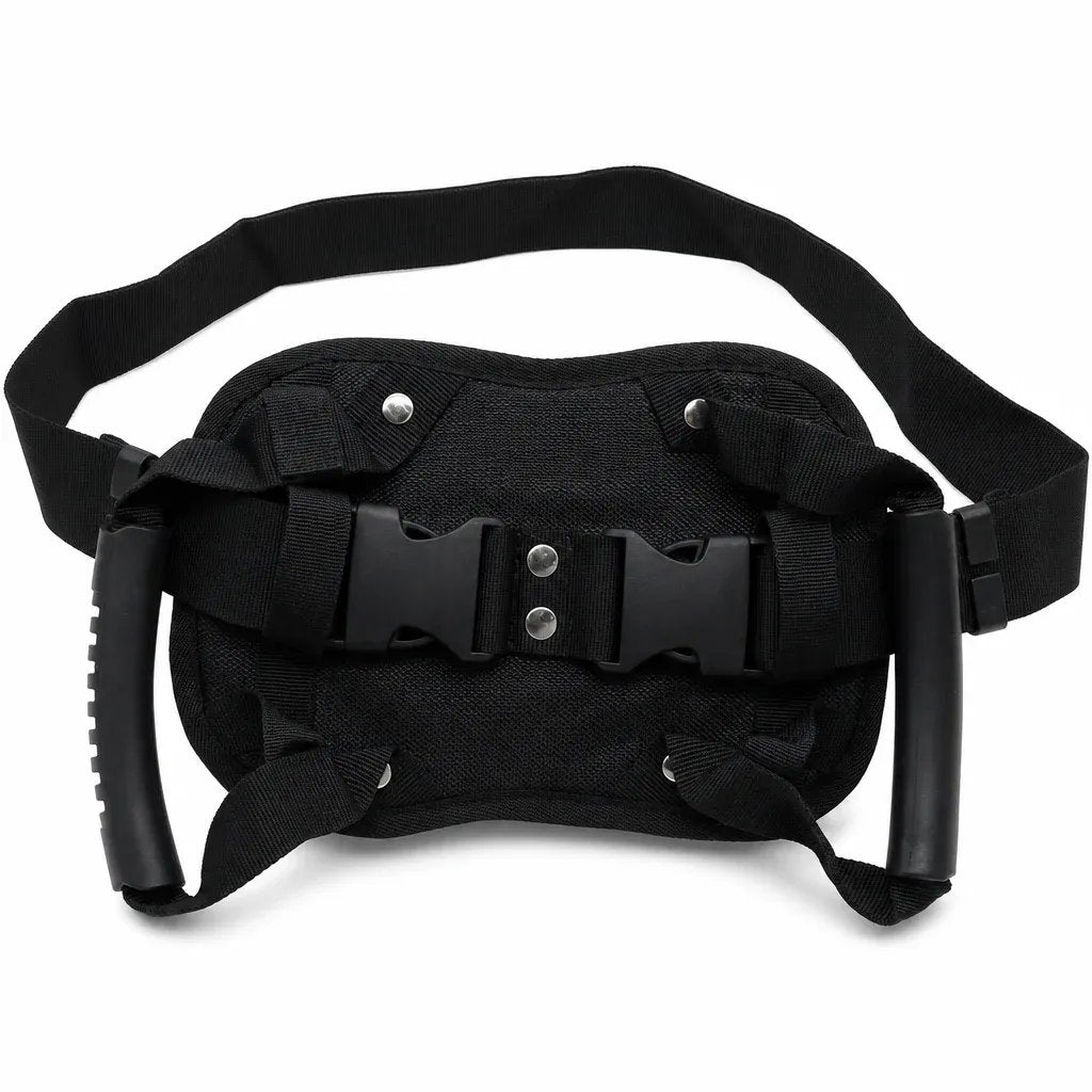 Motorcycle passenger grip belt with two handles, adjustable nylon strap and padded center panel