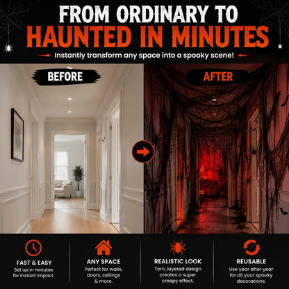 🕸️ Halloween Haunted House Web Cloth | Large Black Tattered Hanging Decoration for Spooky Party & Home Makeover