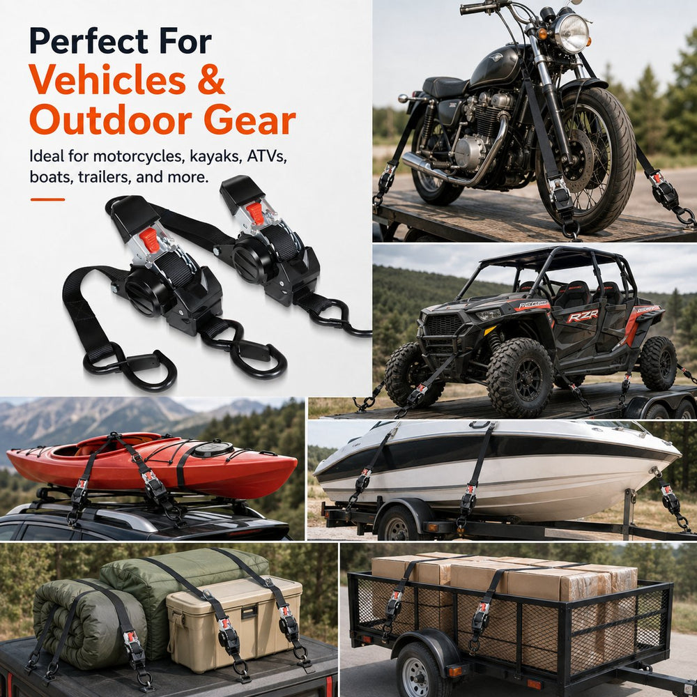 Retractable tie down straps for motorcycles kayaks ATVs boats trailers and camping gear