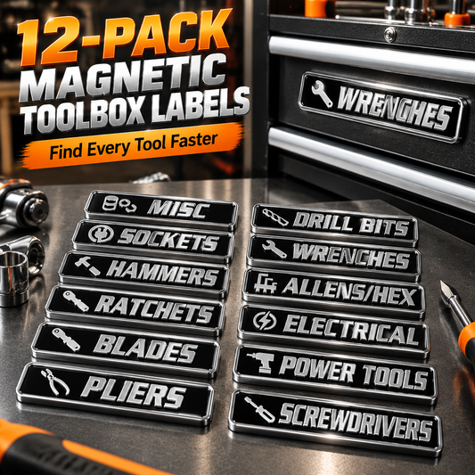 12-Pack Magnetic Toolbox Labels – Reusable Tool Organizer Tags for Steel Toolboxes, Drawers & Carts