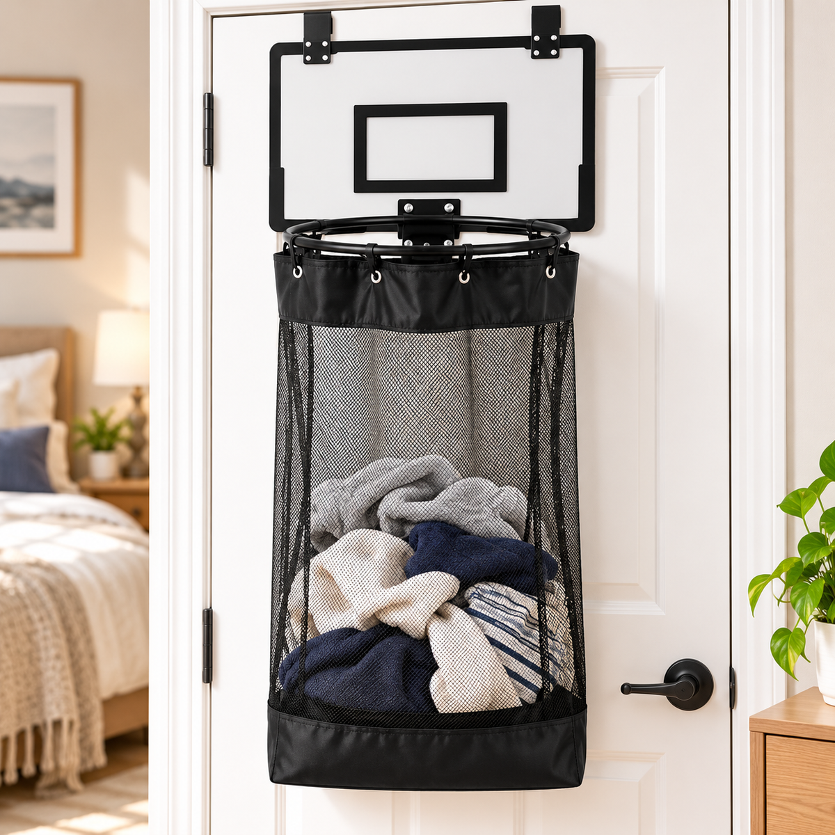 Over-the-Door Basketball Laundry Hamper – Space-Saving Mesh Clothes Basket with Hoop & Bottom Zipper