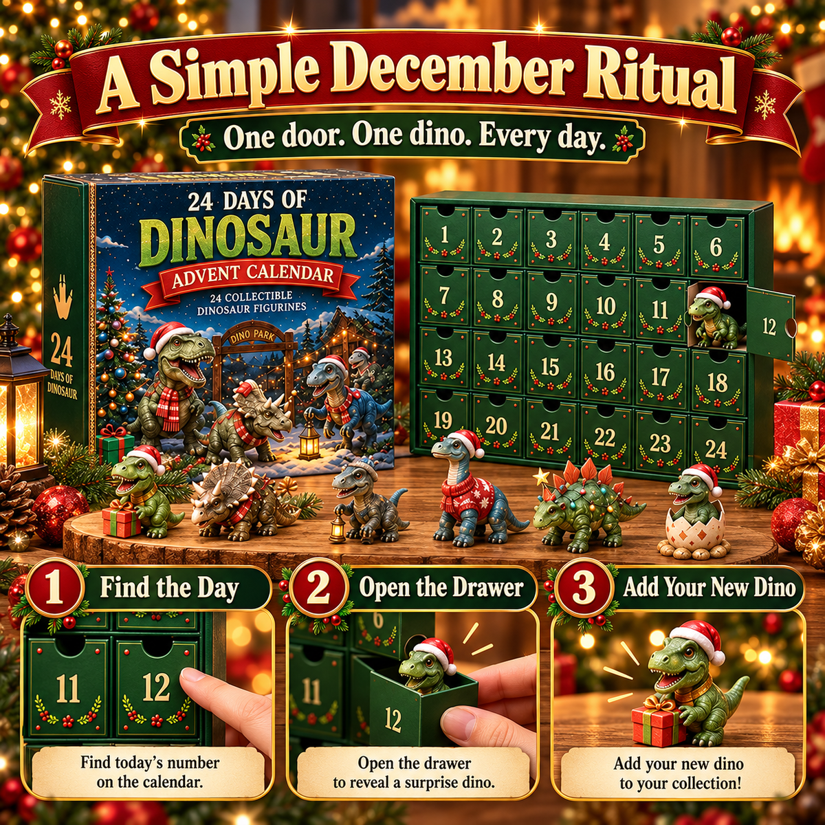 🦖🎅🎄24 Days of Dinosaur Christmas Advent Calendar – 24 Collectible Dino Figurines & Holiday Surprises