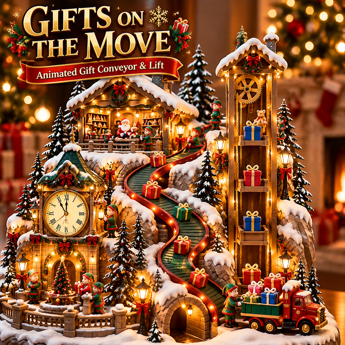 Animated Christmas Toy Factory Village with Moving Clock & Gift Conveyor, USB-C Rechargeable Lighted Holiday Centerpiece