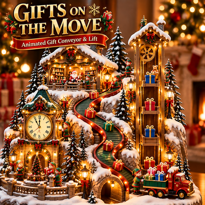 Animated Christmas Toy Factory Village with Moving Clock & Gift Conveyor, USB-C Rechargeable Lighted Holiday Centerpiece