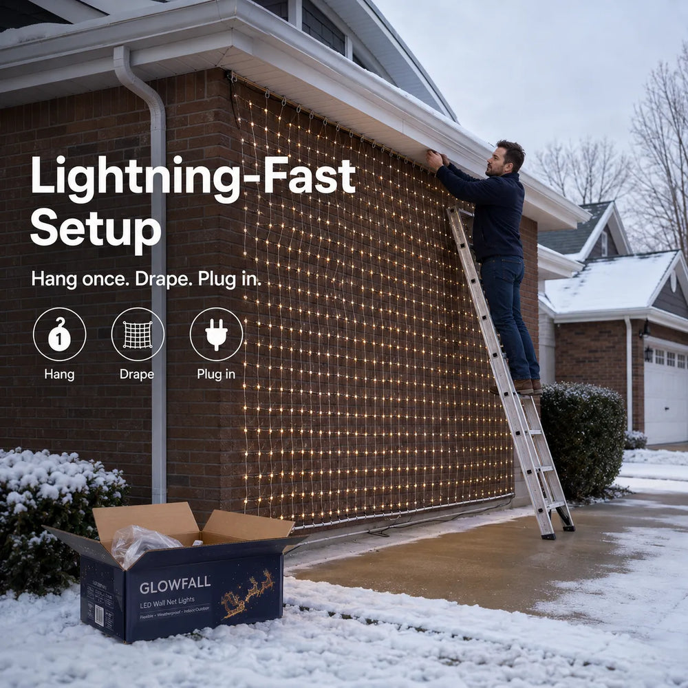 Installing a Christmas LED mesh net beneath house eaves