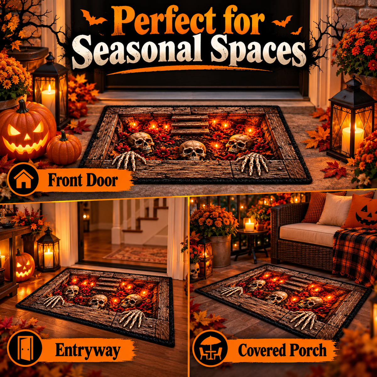 💀 3D Grave Illusion Halloween Doormat 🎃 | Non-Slip Skull & Skeleton Entryway Rug for Indoor & Covered Outdoor Decor