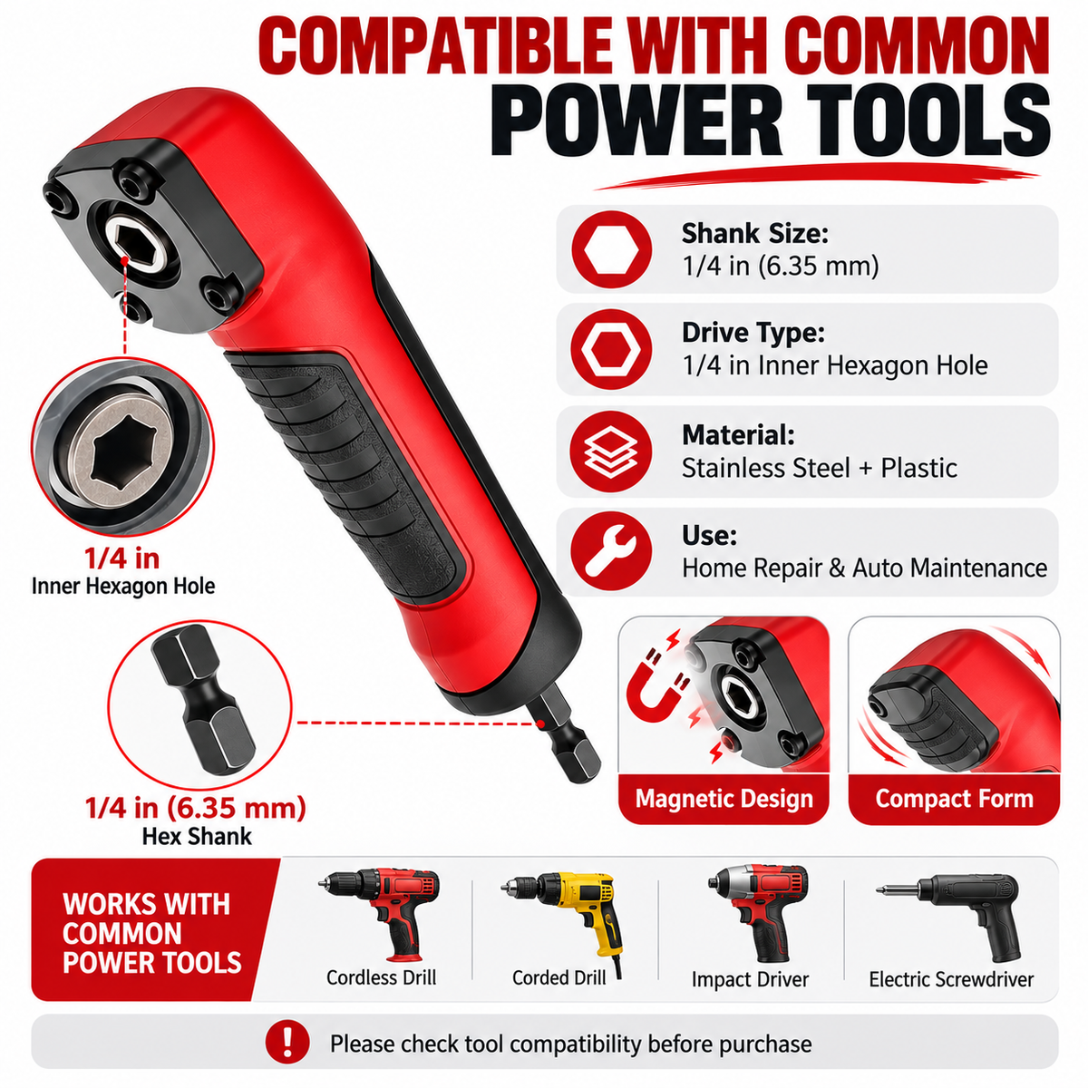 90° Right Angle Drill Adapter – Magnetic 1/4" Hex Attachment for Tight Spaces