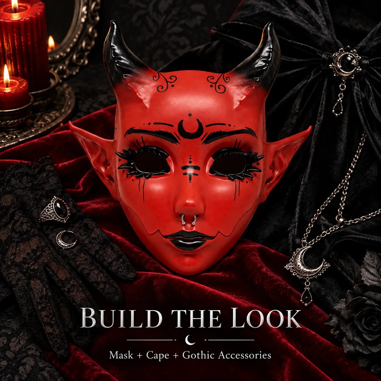 Crimson red and black gothic demon mask original product gallery image