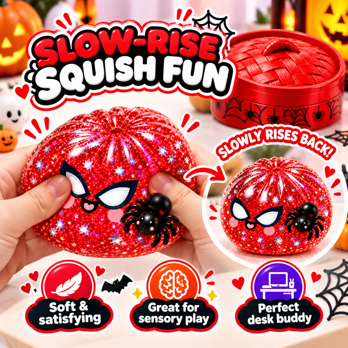Halloween Spider Squishy Dumpling Toy – 3.35-Inch Slow-Rise Sensory Fidget