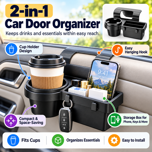 Car Door Cup Holder & Storage Organizer – No-Drill Window-Mount Pocket