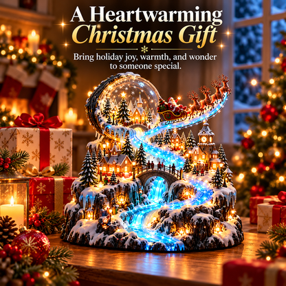 Santa's Sleigh Christmas Village Display – Lighted Snow Globe & Winter Waterfall Tabletop Decor