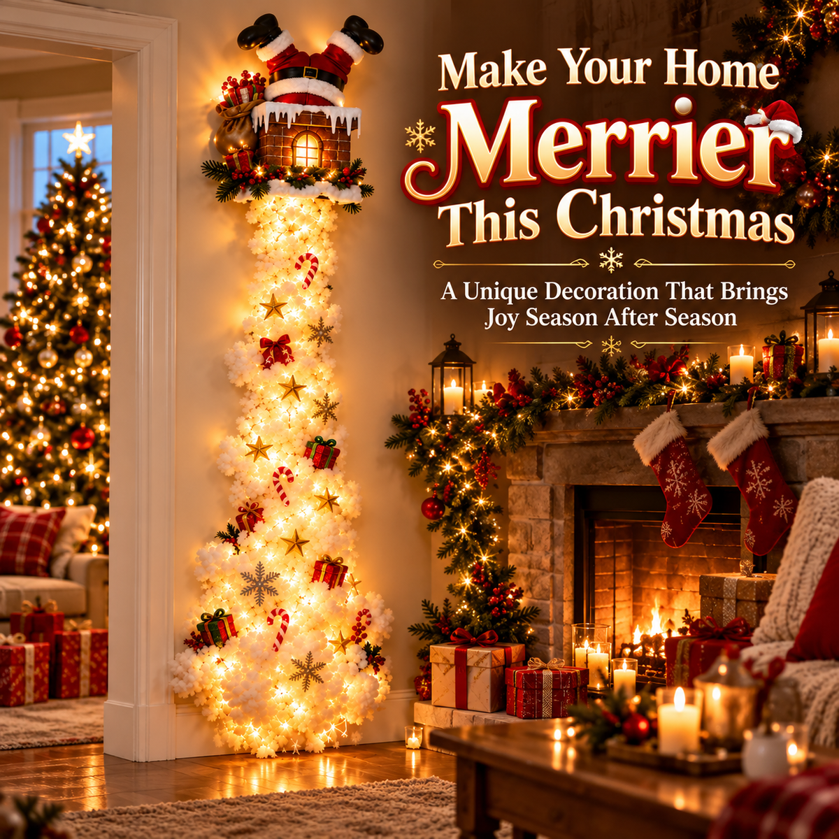Stuck Santa Lighted Christmas Wall Tree – 4.9 FT Upside-Down Santa Chimney Decor