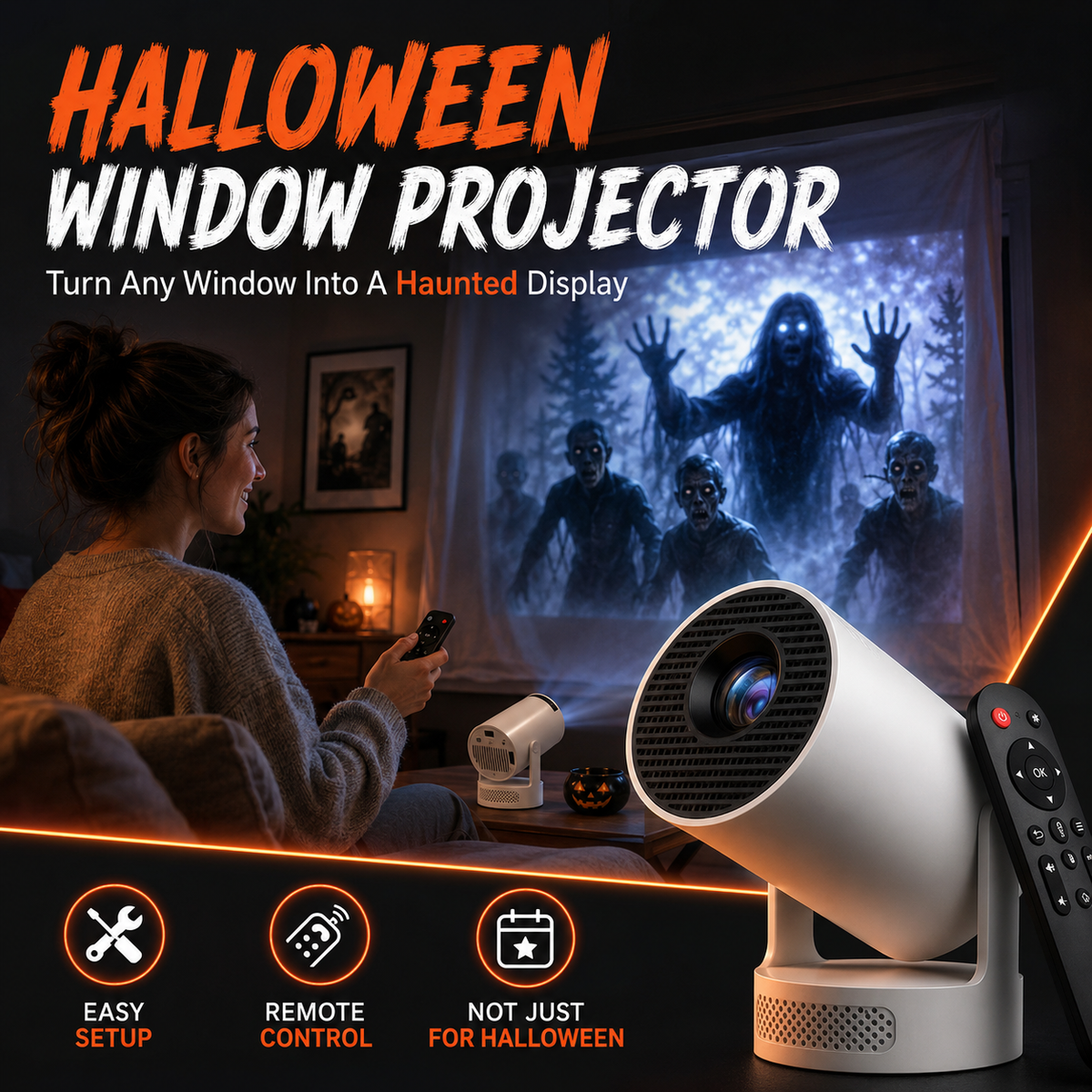 🧟Halloween Window Projector with Scary Videos & Screen