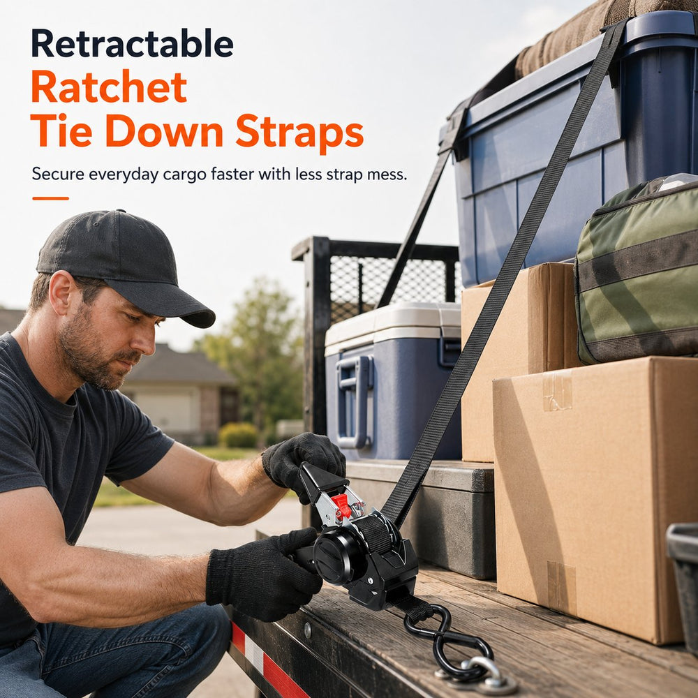 Retractable ratchet tie down straps securing cargo on a trailer