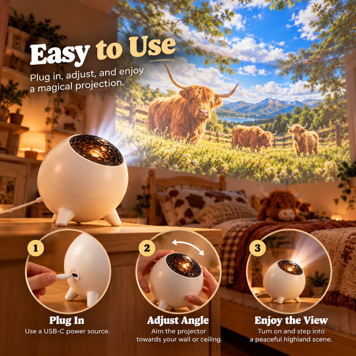 🔥Last day 50% OFF🎁Highland Cow Projector – Cozy Countryside Room Decor