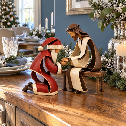 Santa Claus Kneeling Before Jesus Christ Christmas Religious Figurine