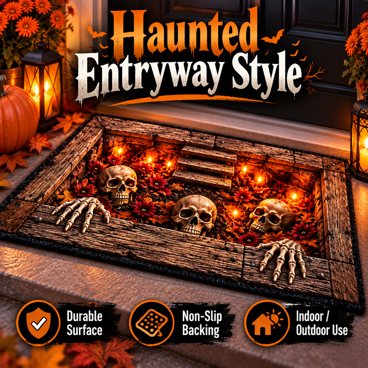 💀 3D Grave Illusion Halloween Doormat 🎃 | Non-Slip Skull & Skeleton Entryway Rug for Indoor & Covered Outdoor Decor