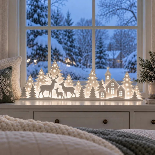 🦌 Decoración navideña LED de ciervo y pueblo para ventana | Escena iluminada de 2 piezas