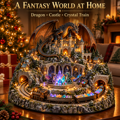 Animated Dragon Castle Crystal Train Village – USB-C Rechargeable Lighted Fantasy Tabletop Decor with Rotating Moving Train