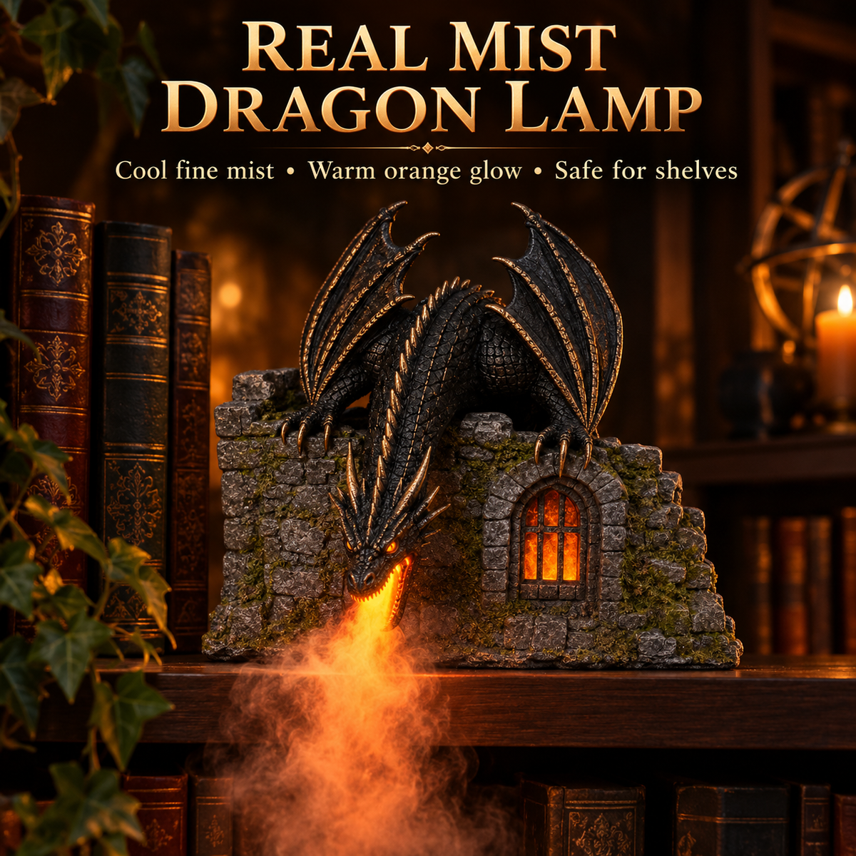 Dragon Castle Mist Humidifier – Glowing Flame Effect, Illuminated Castle Window & 6-Hour Mist Display
