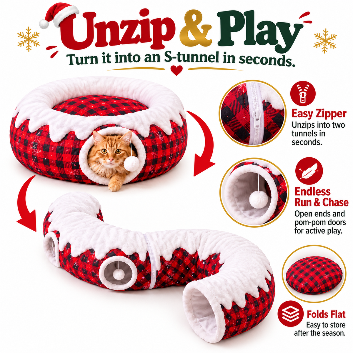 3-in-1 Christmas Tree Cat Tunnel Bed – Convertible S-Tunnel & Buffalo Plaid Tree Skirt